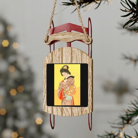 Geisha in Kimono with Cat Retro art Sled Ornaments