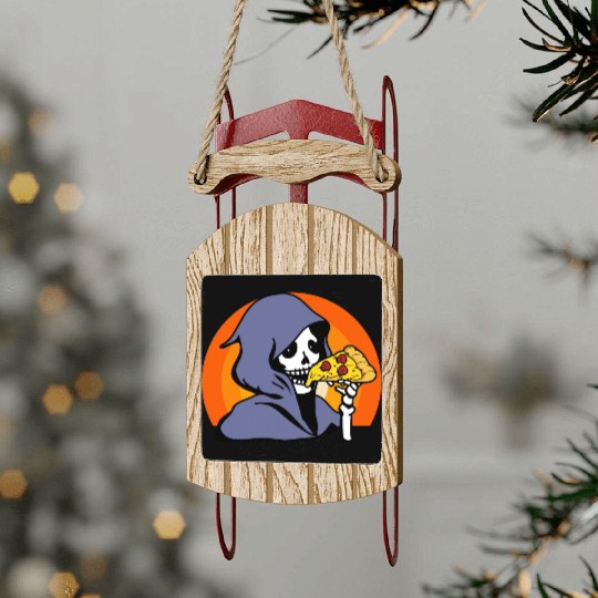Retro Halloween Pizza Lover Ghost Grim Reaper Sled Ornaments