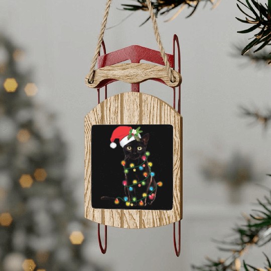Black Santa Cat Tangled Up In Lights Christmas Sled Ornaments