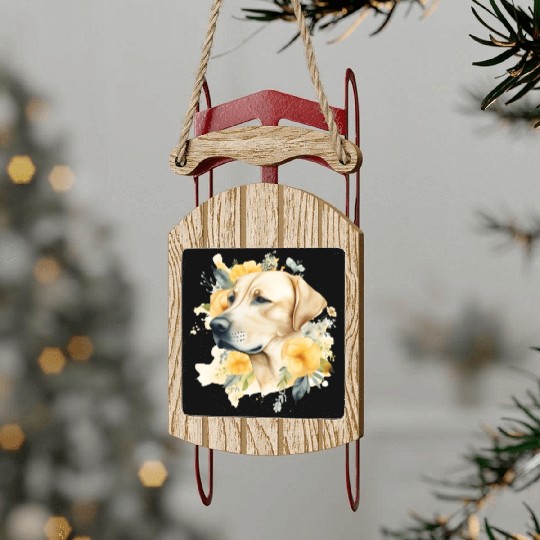 Yellow Lab Dog Watercolor Floral Sled Ornaments