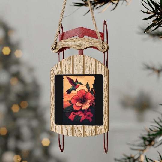 Hummingbird flies over hibiscus flower Tropical Sled Ornaments