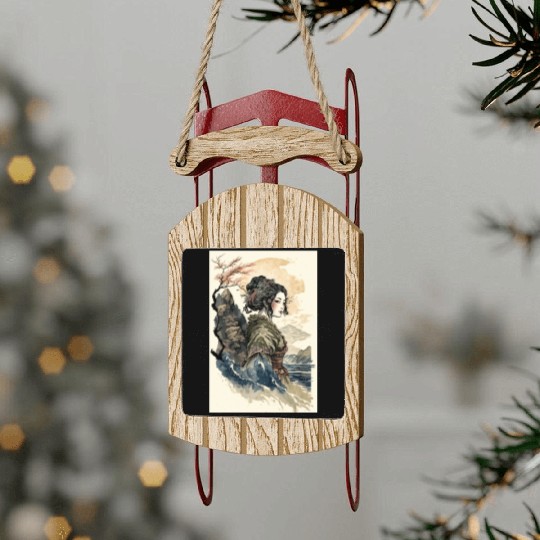 Geisha Watercolor Sea Waves Asian Art Woman Poster Sled Ornaments
