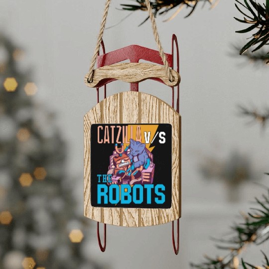 Catzilla Versus Robot Sled Ornaments