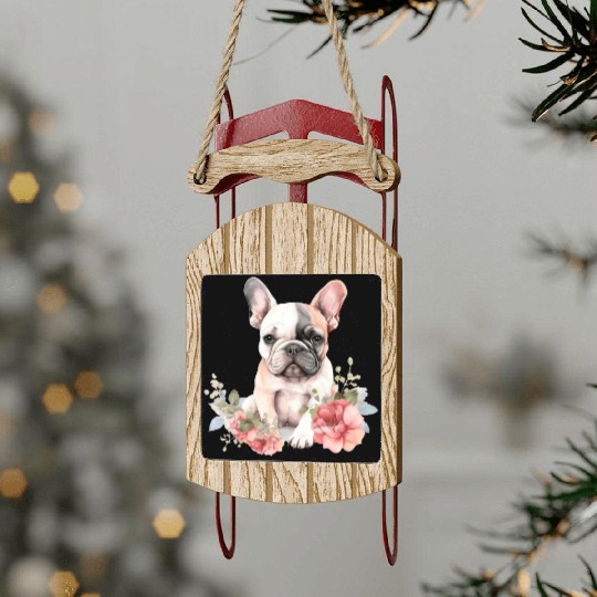 French Bull Dog Watercolor Floral French Bulldog Sled Ornaments