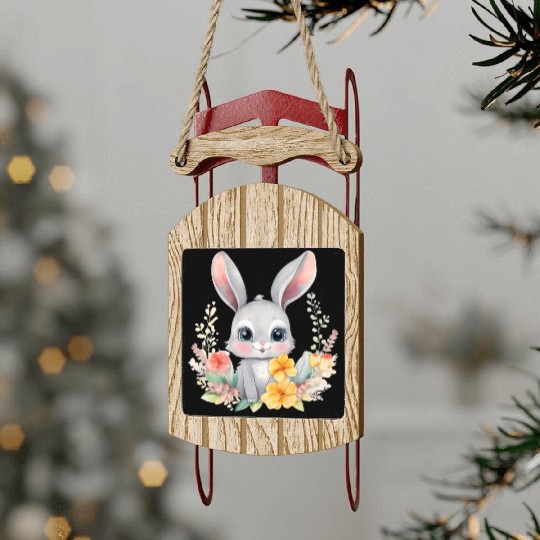 Grey Bunny Rabbit Watercolor Floral Sled Ornaments