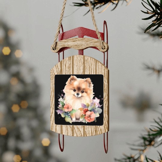 Pomeranian Dog Watercolor Floral Sled Ornaments