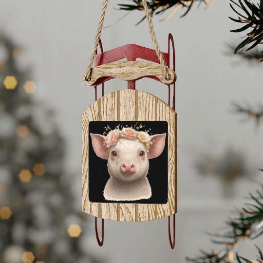 Cute Piglet Flower Crown Baby Pig Floral Farm Anim Sled Ornaments
