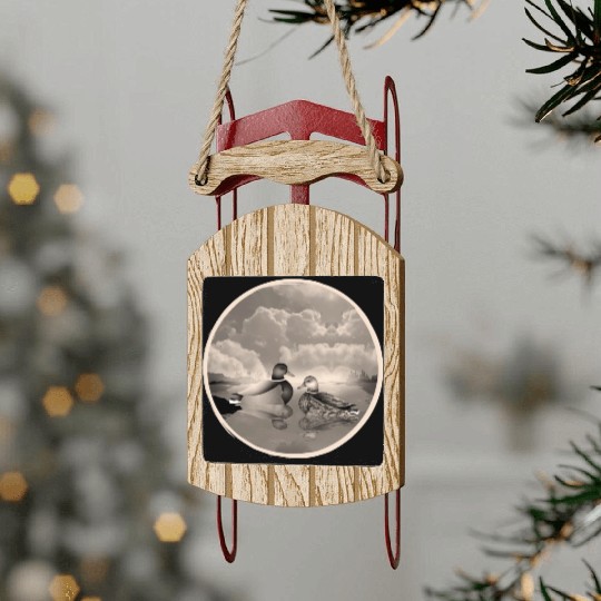 Duck couple in duck pond in nostalgic sepia Sled Ornaments