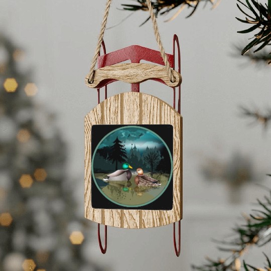 Duck couple in the duck pond at night & moonlight Sled Ornaments