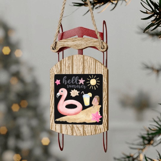 Hello summer sunset Beach summertime pink flamingo Sled Ornaments