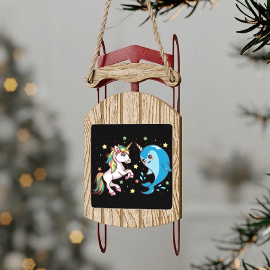 Cute Funny Horned Narwhal And Unicorn Friends Sled Ornaments