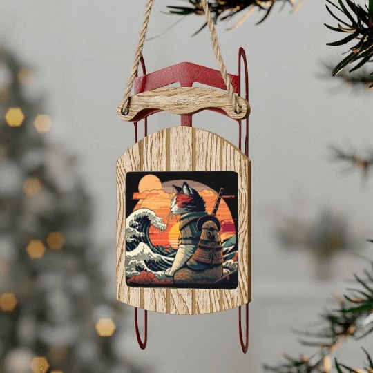 Retro samurai cat The Great Wave Hokusai Sled Ornaments