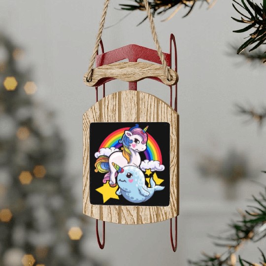 Cute Horned Narwhal And Unicorn Animal Friends Sled Ornaments