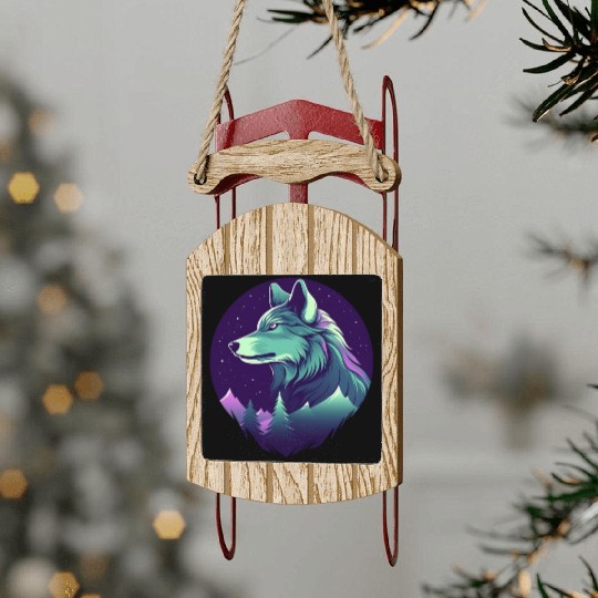 Starry Night Wolf With Northern Light Colors Sled Ornaments