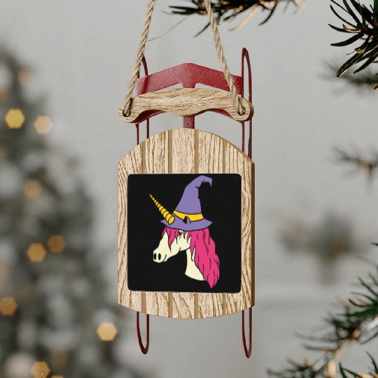 Cute Unicorn Wear Witch Hat Halloween Girls Kids Sled Ornaments