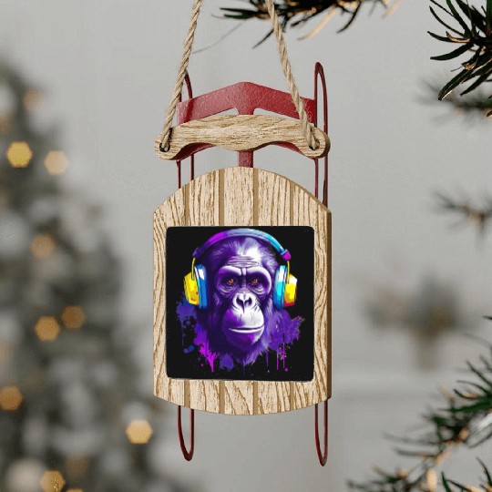 Gorilla with Headphones Music Monkey Sled Ornaments
