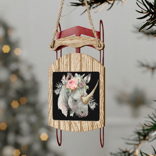 African Watercolor Rhinozeros Flower Crown Safari Sled Ornaments