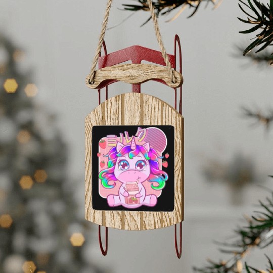 Funny Kawaii Unicorn Strawberry Milk Shake Sled Ornaments