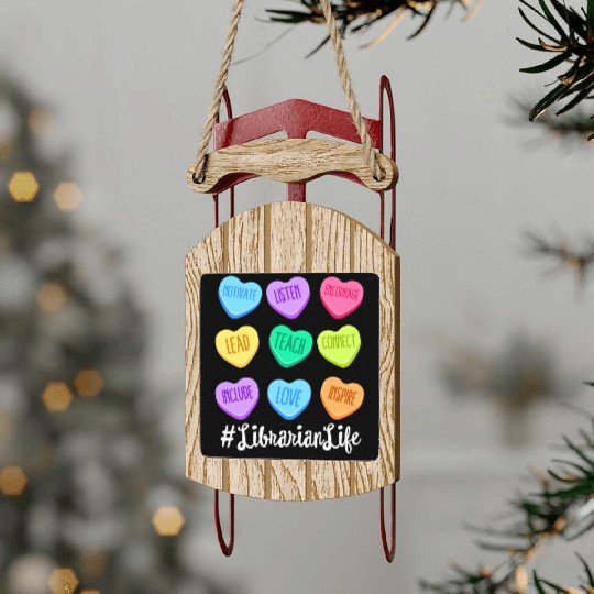 Librarian Life Teacher Valentines Day Pastel Candy Sled Ornaments