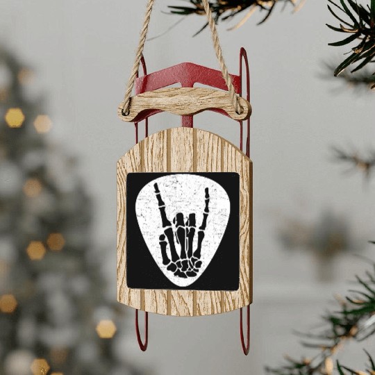 Cool Rock And Roll Skeleton Hand On A Guitar Pick Sled Ornaments