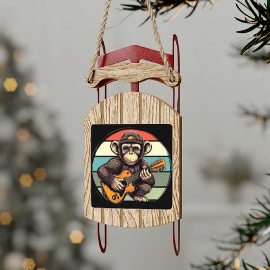 Monkey Chimpanzee Playing Acousitc Rock Guitar Sled Ornaments