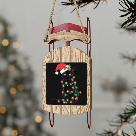Black Cat Santa Tangled Up In Lights Sled Ornaments