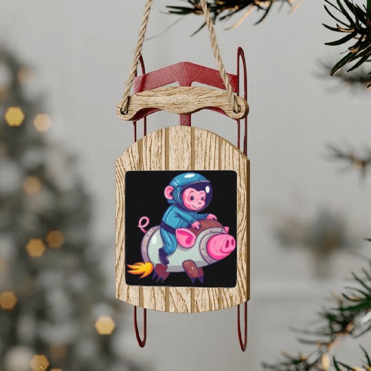 Pig and Monkey as Astronauts Sled Ornaments