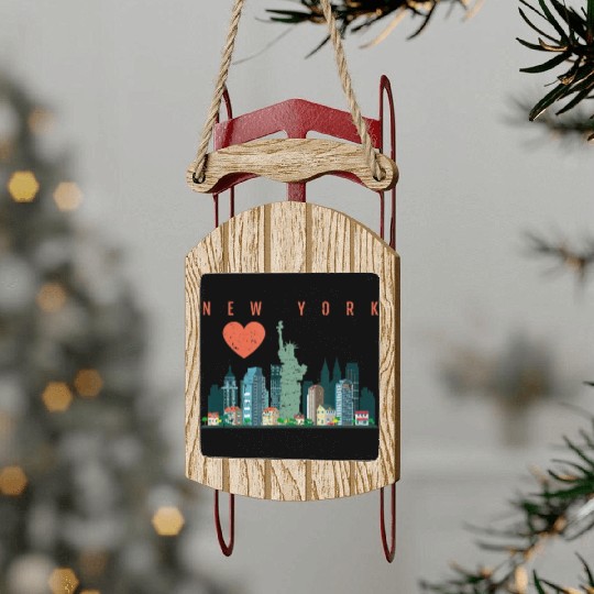 New York City Nyc Skyline Heart Distressed Style Sled Ornaments