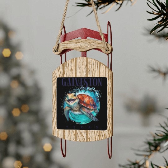 Galveston Texas Watercolor Happy Sea Turtle Sled Ornaments