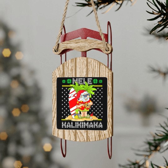 Mele Kalikimaka Santa Claus Surfer Guitar Sled Ornaments