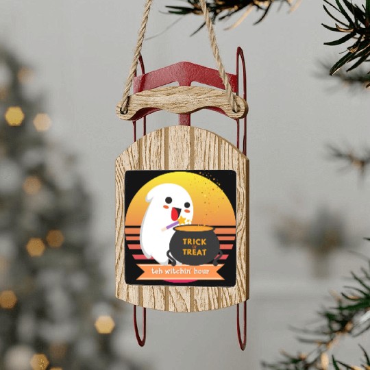 Halloween Cute Ghost Witching Hour Trick Or Treat Sled Ornaments
