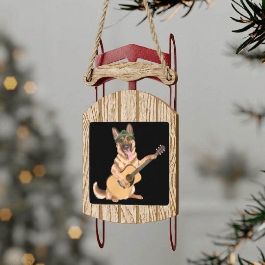 Dog playing the acoustic guitar - German Shepherd Sled Ornaments