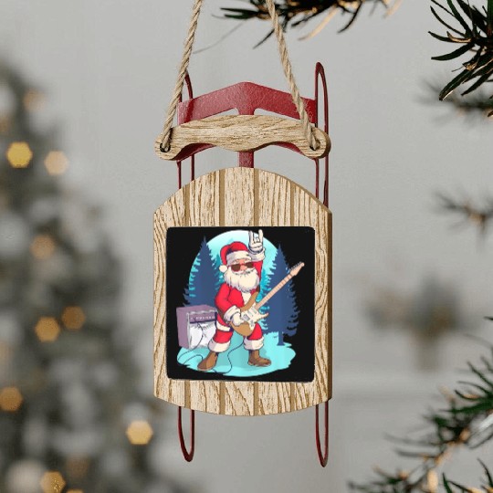 Santa Claus Playing Guitar Funny Rock Christmas Sled Ornaments