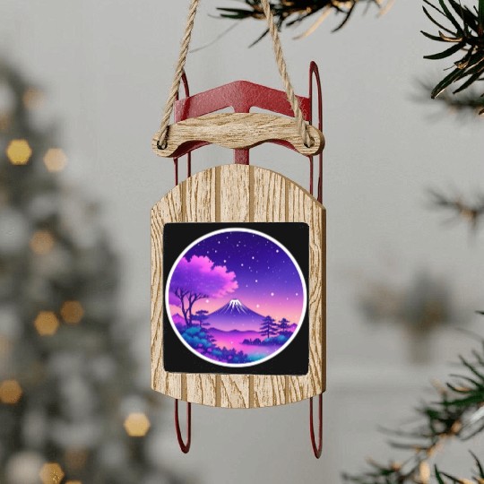 Japan Mount Fuji Night Sky Lo-Fi Art Retro Purple Sled Ornaments