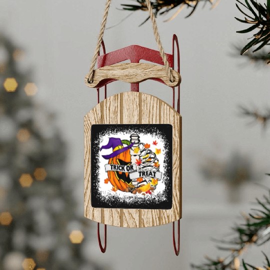 Retro Fall Leaves Trick Or Treat Halloween Pumpkin Sled Ornaments