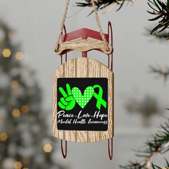 Peace Love Hope Tal Health Awareness Green Ribbon Sled Ornaments