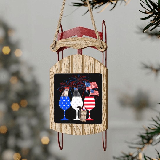 Cat 4Th Of July Red White Blue Wine Sled Ornaments