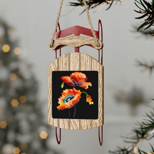 RED POPPIES Sled Ornaments, WATERCOLOR RED POPPIES TOP