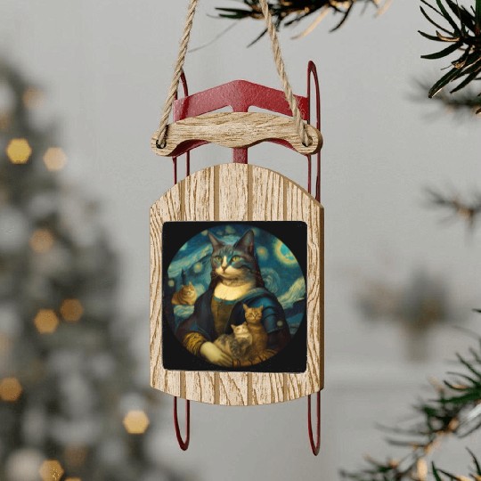 Mona Lisa With Cats Starry Night Van Gogh Painting Sled Ornaments
