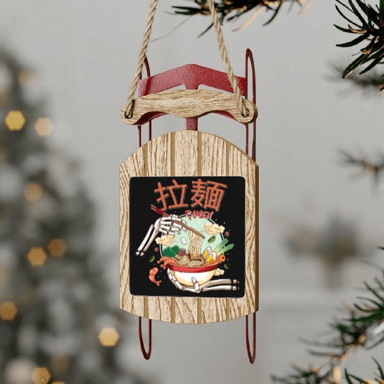skeleton hands eating ramen noodle soup bowl art Sled Ornaments