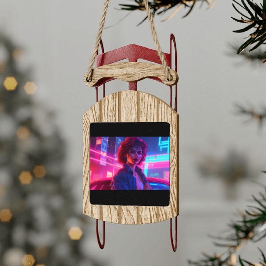 Synthwave Girl - Anime Portrait in Neon Colors Sled Ornaments