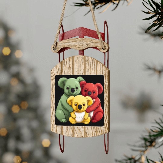 Colorful Koala Family, Red, Yellow and Green Sled Ornaments
