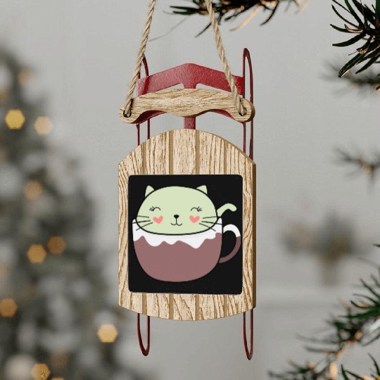 Mint Hot Cocoa Cat in Coffee Mug Sled Ornaments