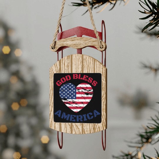 God Bless America, Heart Flag Shape. Sled Ornaments