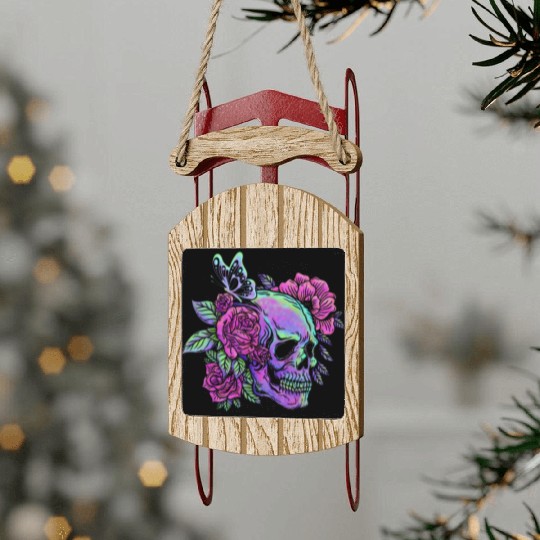 Skeleton Sled Ornaments, Neon Skull Roses Gothic Skeleton