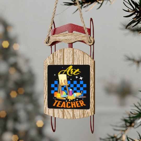 Art Sled Ornaments, Art Teacher Painting Palette Brush Sled Ornaments