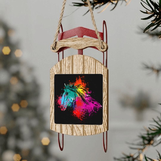 Colorful Splash Art Farm animals Horse Head Sled Ornaments
