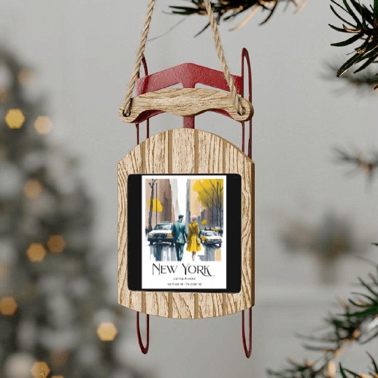 Watercolor painting loving couple in New York City Sled Ornaments
