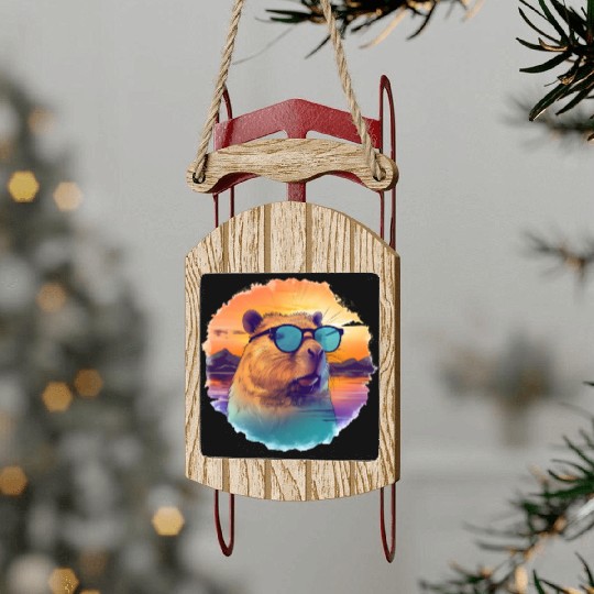 Sunset Serenity: Rustic Capybara Stripe Illustrate Sled Ornaments