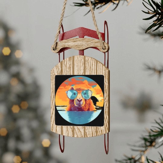 Sunset Serenity: Rustic Capybara Stripe Illustrate Sled Ornaments